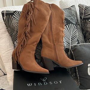 Windsor Cognac Suede Fringe Knee-High Boots